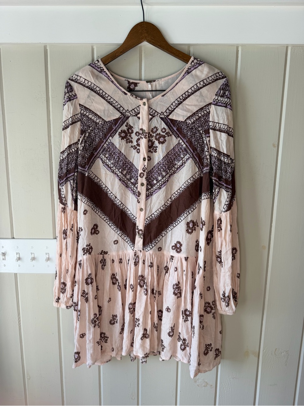 Free People | Dresses | Free People Pink And Brown Printed Longsleeve Boho Tunic Dress Size Medium